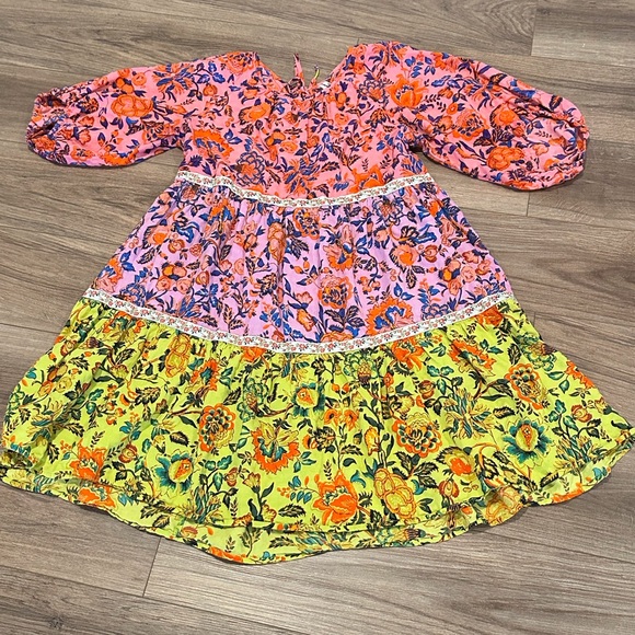 By Anthropologie Pink and Green Floral Tiered Mabel Dress Size Medium - Picture 4 of 12